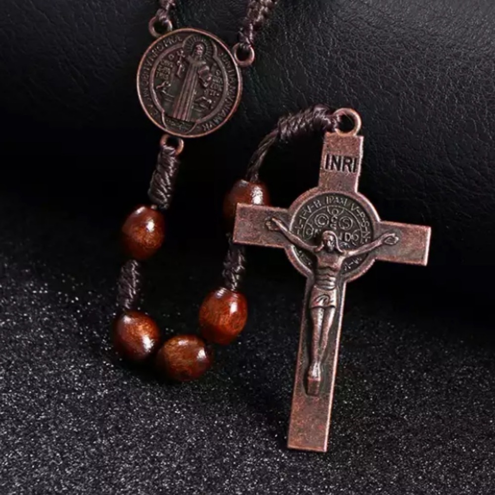 Christ Jesus 7mm Wooden Beads Woven Rope Rosary